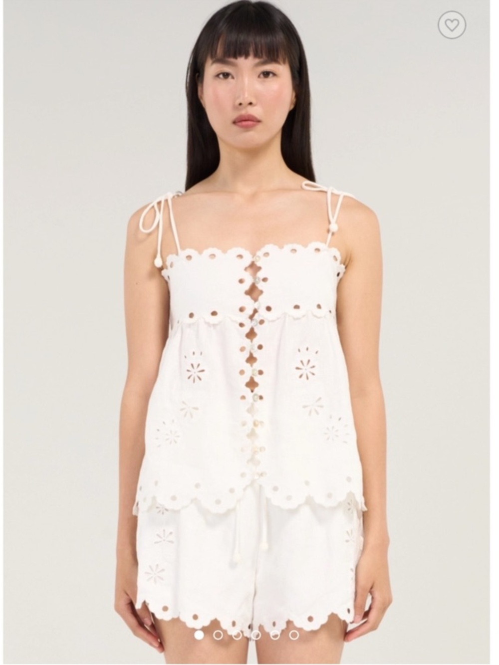 FARM Rio White Eyelet Scalloped Hem Drawstring Shorts. 100% Linen. Lined. New - Picture 2 of 15